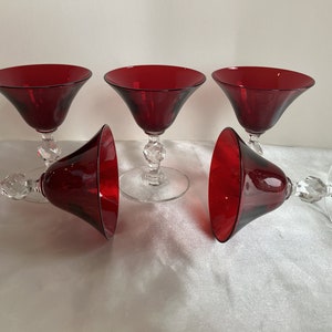 Set of 5 Sparkling Red Holiday Cordial Glasses; Clear Faceted Crystal Ball Stems, Mid Century Vintage 1960s