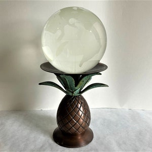 Etched Glass World Globe Orb with Pineapple Verdigris and Bronze Metal Candlestick or Candle Holder,Sold as a Set, Vintage