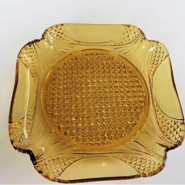 Amber Colored Hobnail and Diamond Design 8 inch Square Plate Depression Era Vintage 1930s