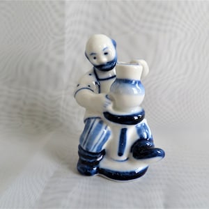 Gzhel Porcelain Figurine Blue & White Potter Seated at Pottery Wheel Hand Painted Made in Russia Vintage 1980s