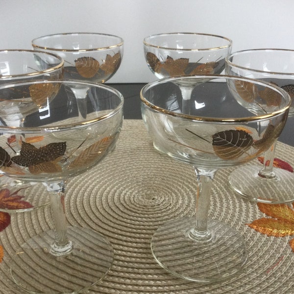 Set of 6 Libbey 22K Gold Leaves Pattern Champagne Coupe Cocktail Glasses, Libbey Vintage 1960’s