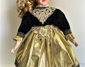 Ashley Belle Victorian Style 17 inch Doll with metal stand, Blonde Ringlets, Lace & Satin, Porcelain Bisque Art Doll, Vintage1990s