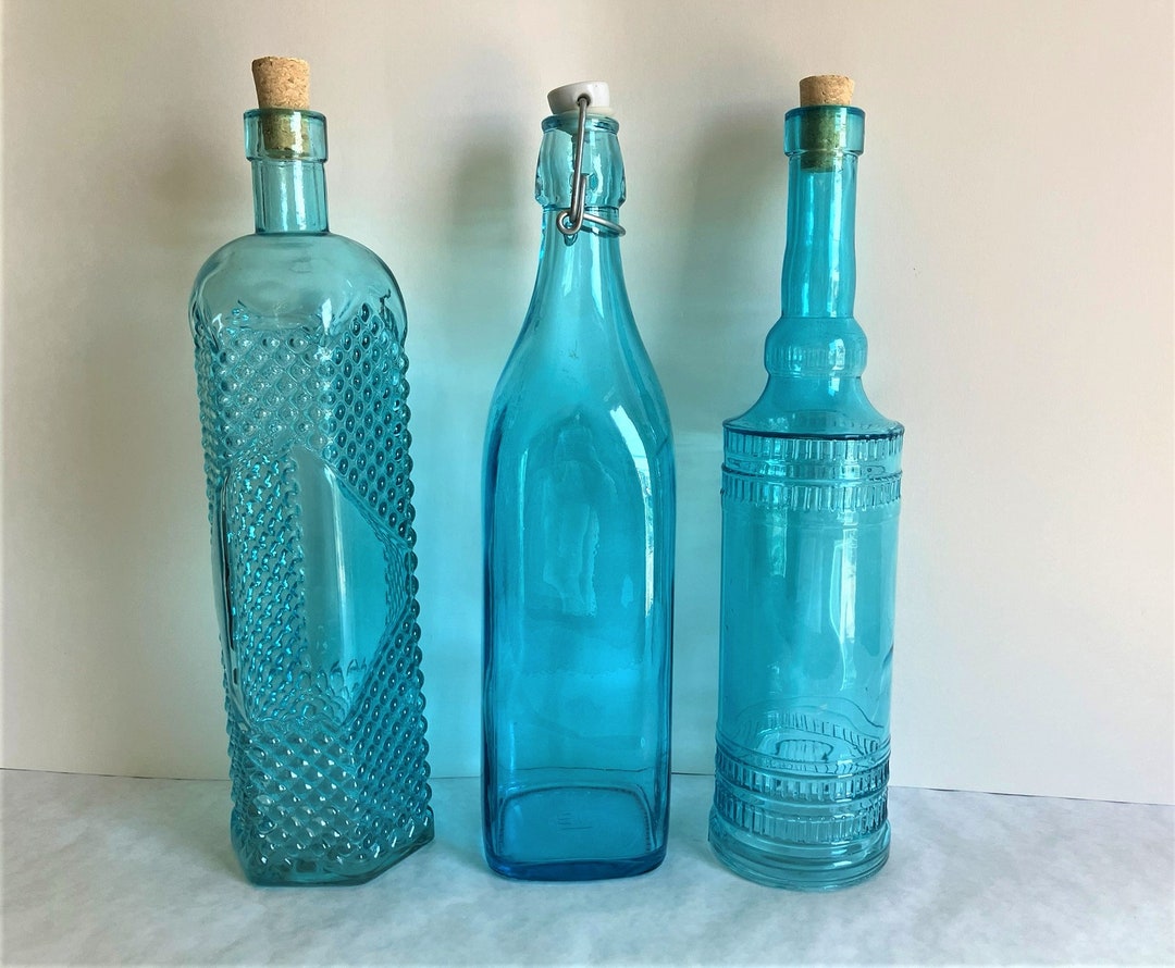 1 Aqua Blue Glass Wine Bottle Hobnail Ribbed Decorative Etsy