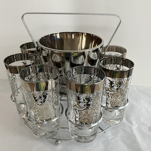 Kimiko 8 Highball Cocktail Glasses, Ice Bucket w Carrier Guardian Medieval Shield Foiled Glass Chrome Carrier Mid Century Vintage 1970s