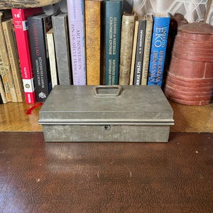 Retro portable tin cash box.