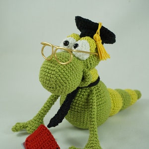 May include: A green crocheted caterpillar wearing a black graduation cap with a yellow tassel, gold-rimmed glasses, and a black tie. The caterpillar is holding a red crocheted book.