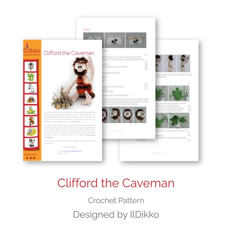 May include: A digital crochet pattern document titled Clifford the Caveman by ILDikko. The document features a photograph of a crocheted caveman figure with brown hair and a tiger-print outfit, alongside instructional text and step-by-step photos.