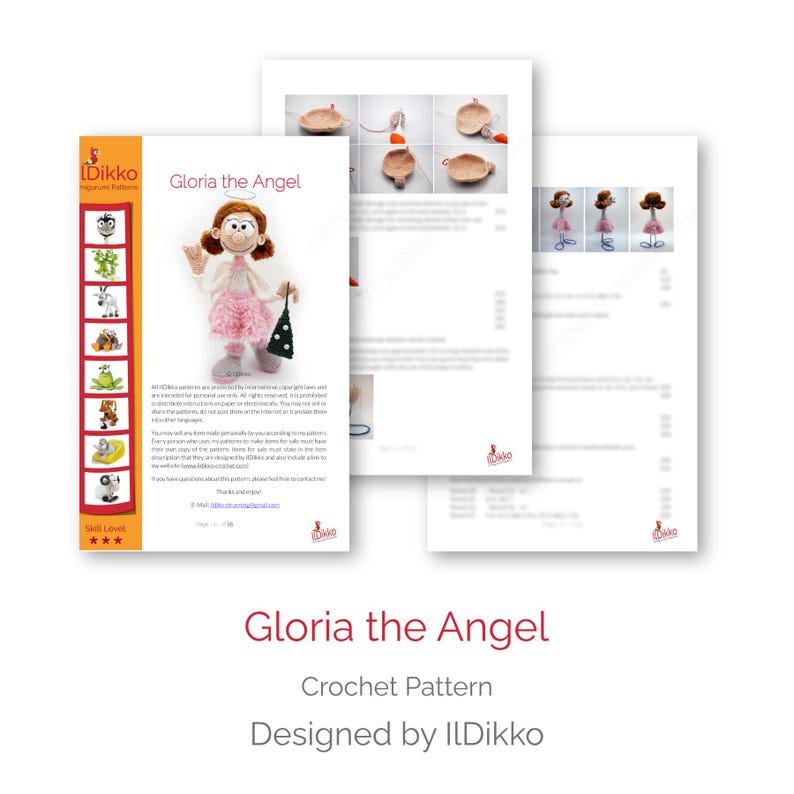 May include: A digital crochet pattern document titled Gloria the Angel by ILDikko. The page features a photograph of a crocheted doll with brown hair, a white top, and a pink skirt, holding a small green tree. Includes instructional text and images.