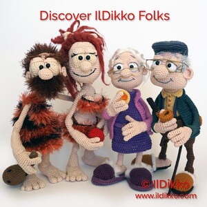 May include: Four crocheted dolls labeled Discover IlDikko Folks. Two dolls resemble cave people with fuzzy orange and black outfits, one holding a club. Two dolls resemble elderly people, one wearing glasses and a purple outfit, the other a hat and glasses.