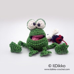 May include: A green crocheted frog with large white eyes and a pink mouth, holding a crocheted fly in its mouth. The frog is sitting on a white surface.