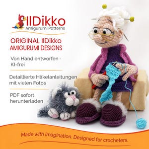 IlDikko Markenbild mit Oma Griselda, einer originalen handgehäkelten Amigurumi-Oma mit ihrer Katze. Zeigt KI-freie Designs, menschliche Kreativität, detaillierte Häkelanleitungen mit vielen Fotos und PDF-Downloads.