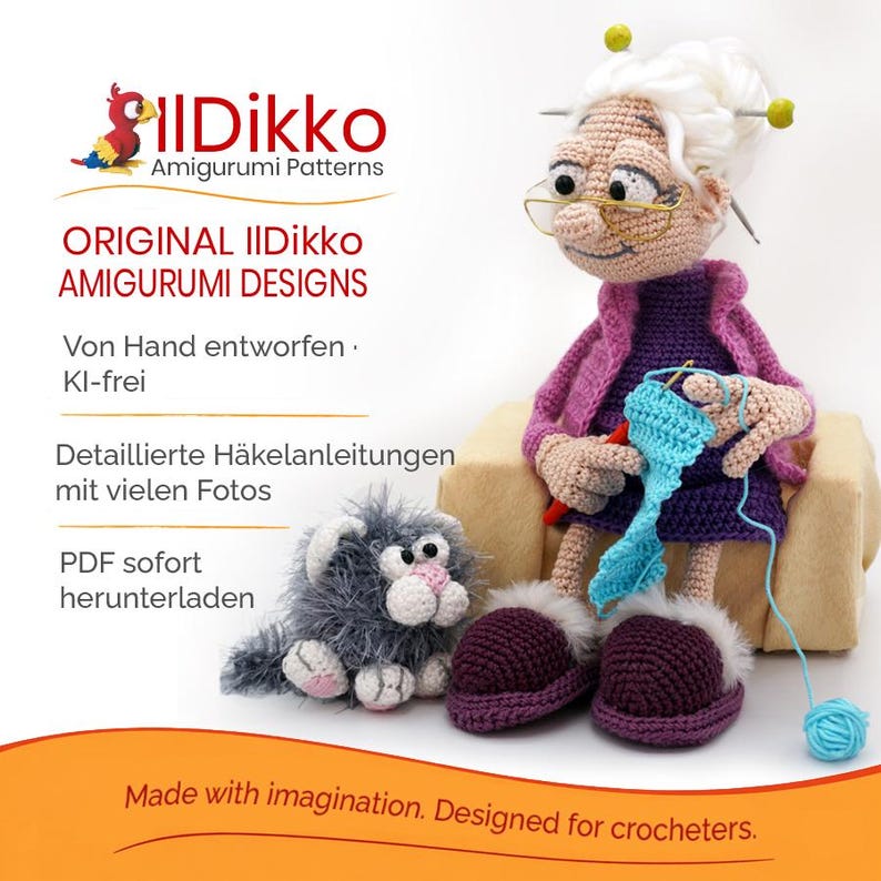 IlDikko Markenbild mit Oma Griselda, einer originalen handgehäkelten Amigurumi-Oma mit ihrer Katze. Zeigt KI-freie Designs, menschliche Kreativität, detaillierte Häkelanleitungen mit vielen Fotos und PDF-Downloads.