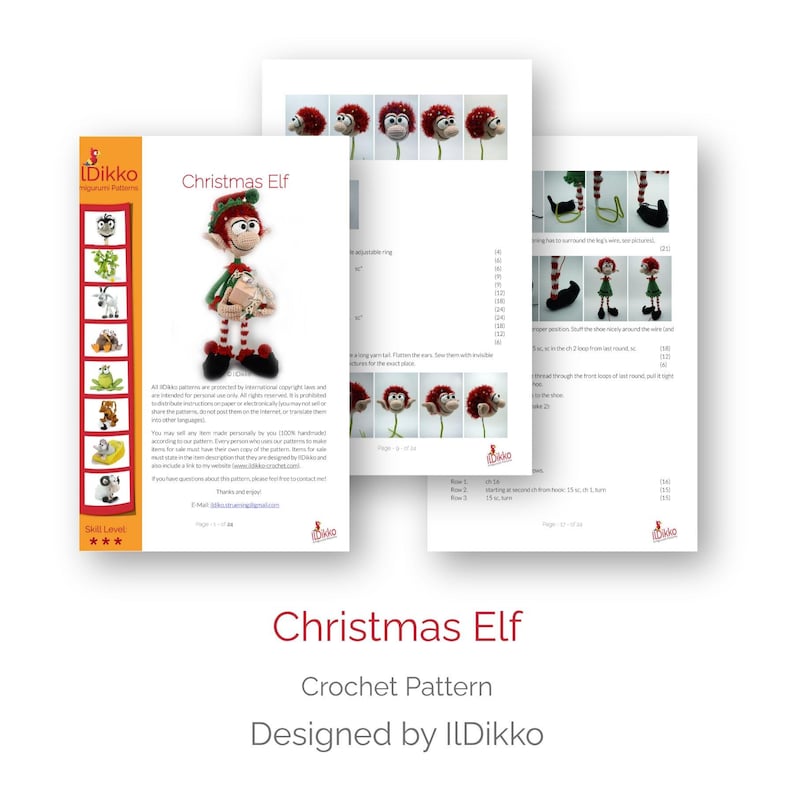 May include: A multi-page crochet pattern document titled Christmas Elf by ILDikko. The pages feature a photograph of a crocheted elf with red hair, a green hat, and striped legs, alongside step-by-step instructional text and diagrams.