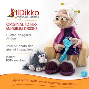 IlDikko branded information image featuring Granny Griselda, an original handmade amigurumi grandma with her crocheted cat. Highlights human-designed, AI-free characters, detailed photo-rich crochet instructions and instant PDF downloads.