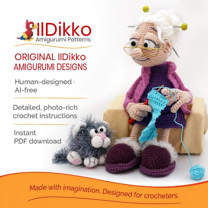 IlDikko branded information image featuring Granny Griselda, an original handmade amigurumi grandma with her crocheted cat. Highlights human-designed, AI-free characters, detailed photo-rich crochet instructions and instant PDF downloads.