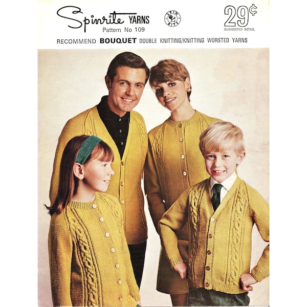 Adults' & Children's Knitted Cardigan Patterns - Spinrite Pattern No. 109  - Cabled Cardigans - PDF Instant Digital Download Pattern - 1970