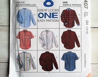 8407 UNCUT McCalls Sewing Pattern Boys Front Button Shirt Easy 8 Looks Casual FF