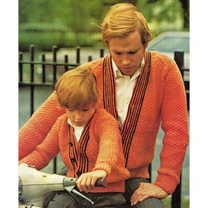Knitted V-Neck Cardigans Pattern - Men&#39;s/Boys - Father & Son Matching Sweaters - PDF Instant Digital Download Knitting Patterns - 1970s