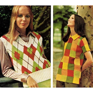 Women&#39;s Knitted Argyle Vest & Patchwork Top Patterns - Size 8 10 12 14 16 18 - PDF Instant Digital Download Knitting Patterns - 1960s/70s