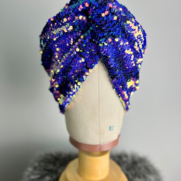 Royal Blue and Rainbow Sequin Twist Turban