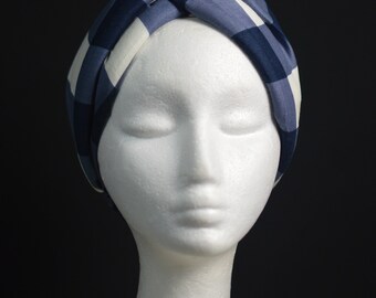 Blue and Ivory Plaid Plush Turban Headband