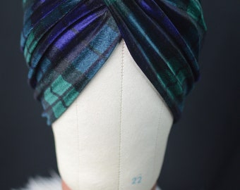 Tartan Plaid Blue and Green Velvet Twist Turban