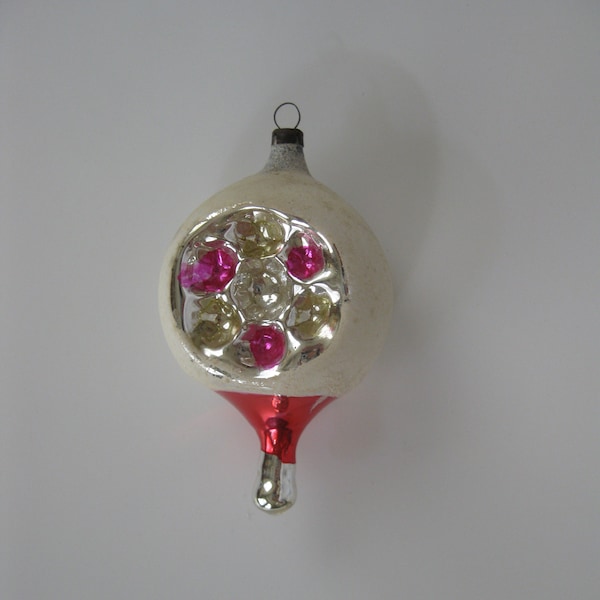 1930's German Dbl Indent Christmas Ornament - Frosted Mica Crystal Covering w/ Red & Silver Accent Base - Double Circular Indent