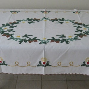 Vintage Hand Embroidered Christmas Tablecloth from Germany - Red Candles, Pine Swags, Pinecones, White Poinsettias - 45 x 58