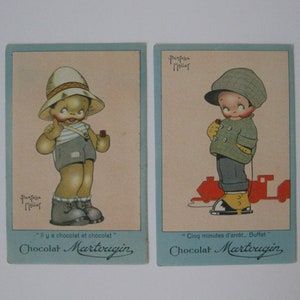 French Trade Cards for Martougin Chocolat - Set of Two - Artwork by Beatrice Mallet - Originals - Frameable Art - 1910s