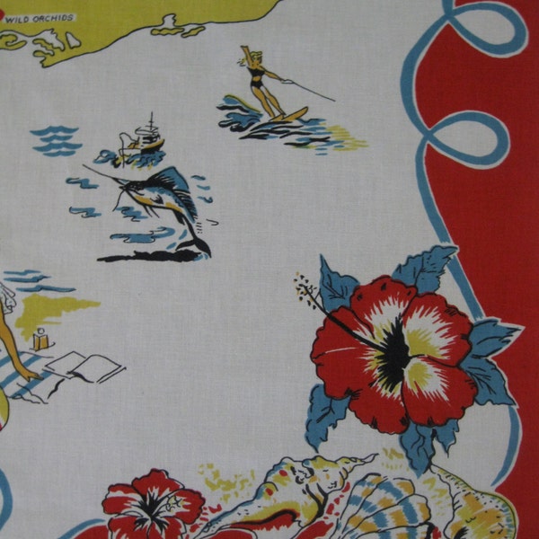 1950s Nassau, Bahamas Souvenir Tablecloth - Vibrant Red, Yellow and Aqua Blue