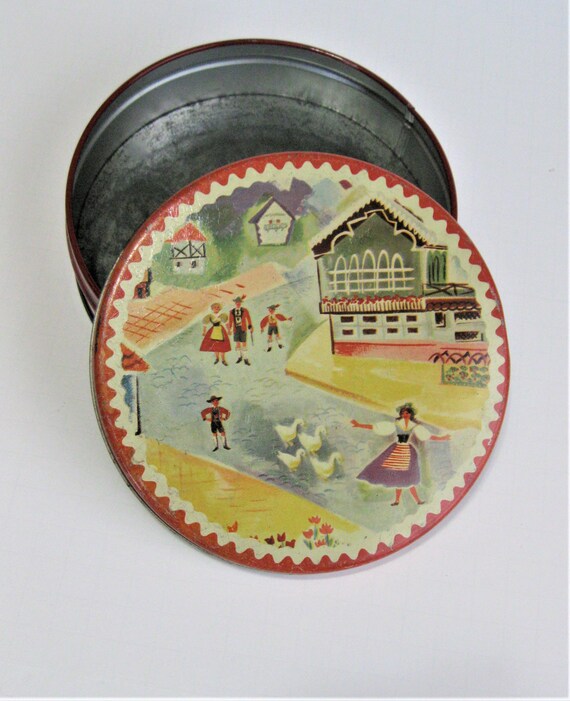 Antique 1950's Luncheon Tin with Lid - 6" Round B… - image 2