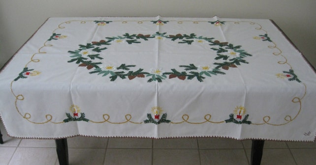 Vintage Hand Embroidered Christmas Tablecloth from Germany - Red Candles, Pine Swags, Pinecones, White Poinsettias - 45 x 58