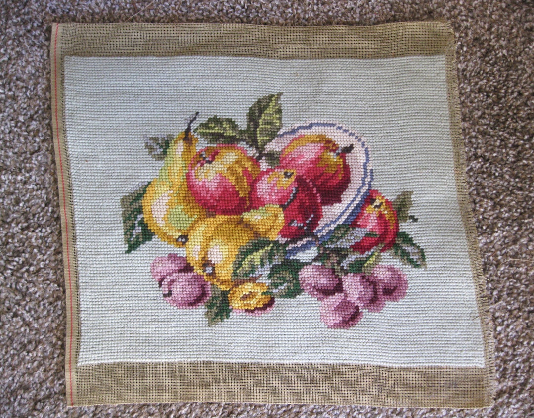 Vintage 1960's Completed Needlepoint on Canvas - Fruit and Bowl - Ready