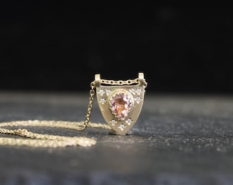 Morganite and diamonds gold necklace, diamonds shield necklace, morganite 14k yellow gold dangle necklace, diamonds layering gold necklace.