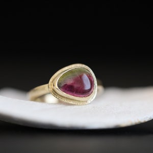 Watermelon tourmaline 14k yellow gold ring, bi-color tourmaline statement ring, October birthstone yellow gold ring, women tourmaline ring.