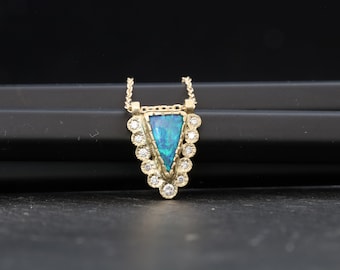 Black opal and diamonds necklace, Australian black opal gold necklace, opal and diamonds halo necklace, October birthstone gold necklace.