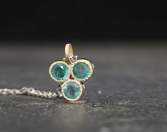 Emeralds 14k yellow gold pendant, emeralds gold clover necklace, May birthstone necklace, genuine emeralds trio gold pendant, women emerald.