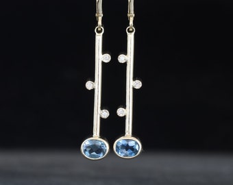 14k Gold Aquamarine Diamond Dangle Earrings, March Birthstone