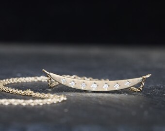 Diamonds bar gold necklace, diamonds moon 14k gold necklace, diamonds crescent gold necklace, diamonds bar minimalist gold necklace.