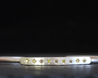 Diamonds silver cuff bracelet, yellow color diamonds bar bracelet, minimalist diamonds silver cuff bracelet, April birthstone stackable cuff