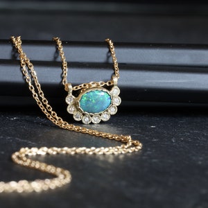 Black opal and diamonds necklace, Australian black opal gold necklace, opal and diamonds halo necklace, October birthstone gold necklace.