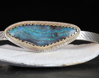 Opal gold silver cuff bracelet, Australian boulder opal silver cuff bracelet, October birthstone silver cuff, opal 14k gold and silver cuff.