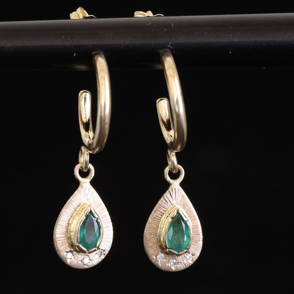 Emeralds and diamonds 14k yellow gold dangle hoop earrings, May birthstone gold earrings, women emeralds 14k gold hoop earrings, gold hoops.