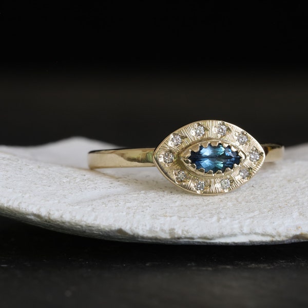 Aquamarine diamonds gold ring, Santa Maria aquamarine 14k gold ring, aquamarine marquise and diamonds gold ring, March birthstone women ring