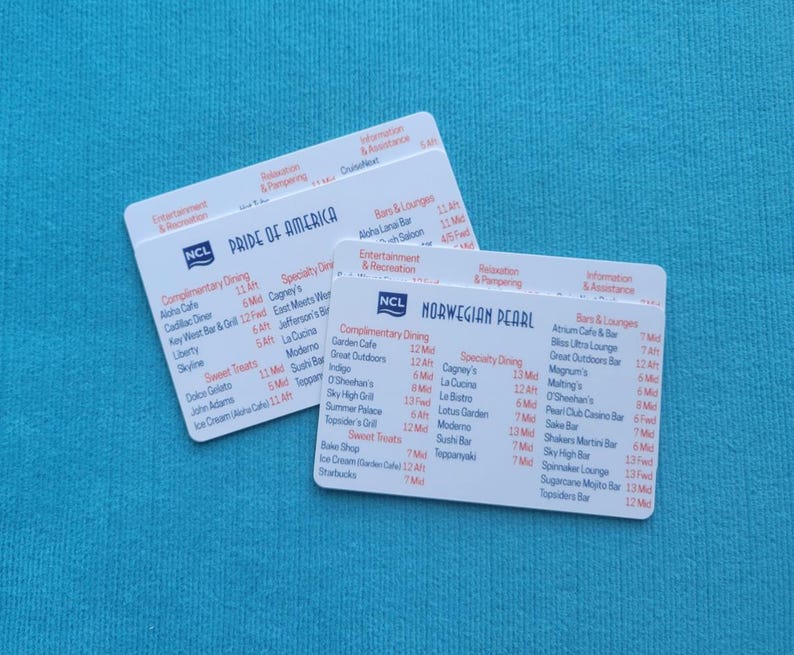 May include: Two white cards with blue and red text listing dining and bar options on a cruise ship. The cards are labelled "Pride of America" and "Norwegian Pearl".