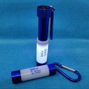 May include: Two blue and white flashlights with the text "Cruisin' with Mickey" printed on them. One flashlight is upright, and the other is lying down with a blue carabiner clip attached. The flashlights are on a blue surface.