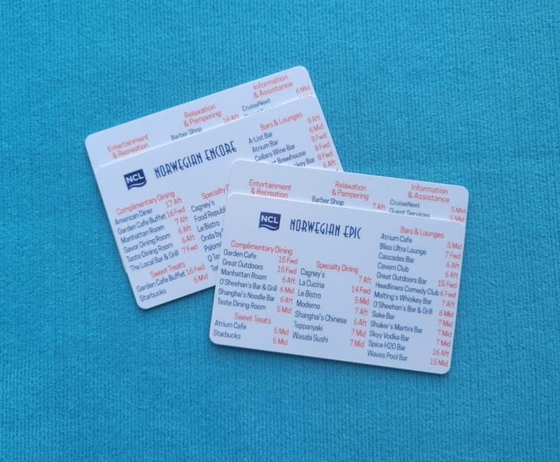 May include: Two white cards with black text listing dining and bar options on a cruise ship. The cards are for the Norwegian Encore and Norwegian Epic cruise ships.