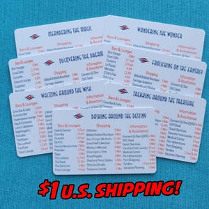 May include: A collection of seven white rectangular cards featuring blue and red text, each titled with phrases like Meandering the Magic, Wandering the Wonder, Discovering the Dream, Frollicking on the Fantasy, Waltzing Around the Wish, Trekking Around the Treasure, and Dashing Around the Destiny.