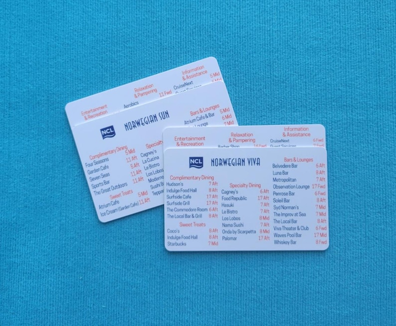 May include: Two white cards with black text listing dining and bar options on a cruise ship. The cards are for the Norwegian Sun and Norwegian Viva cruise ships. The cards list complimentary dining, speciality dining, bars and lounges, and sweet treats.