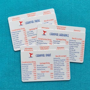 May include: Three white rectangular plastic cards featuring cruise ship deck plans for Carnival Pride, Carnival Radiance, and Carnival Spirit. Each card displays red and blue text listing dining, entertainment, and bar locations with deck numbers.